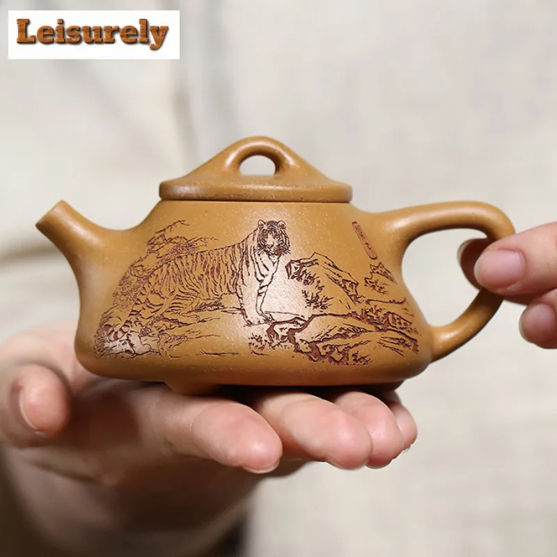100ml Yixing Purple Clay Teapots Handmade Stone Scoop Pot Raw Ore Yellow Gold Section Mud Kettle With Strainer Zisha Tea Set