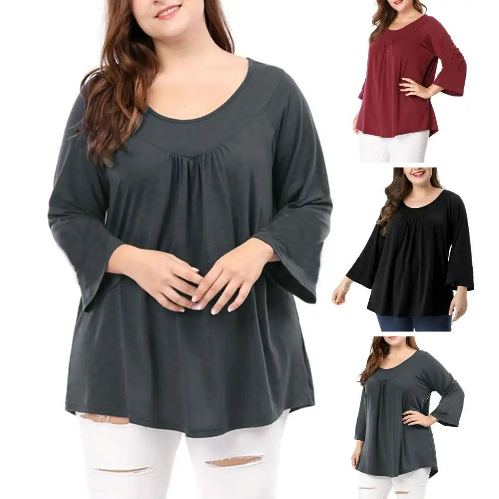 Plus Size Shirt Summer Woman O Neck Pleated Loose Solid Color Long Horn Sleeve Casual Breathable Pullover Ladt T-shirt Blouse