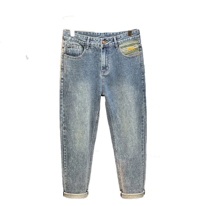 2024 New embroidered men's jeans fashion brand all-matching retro Pu handsome high-end pencil pants summer pants