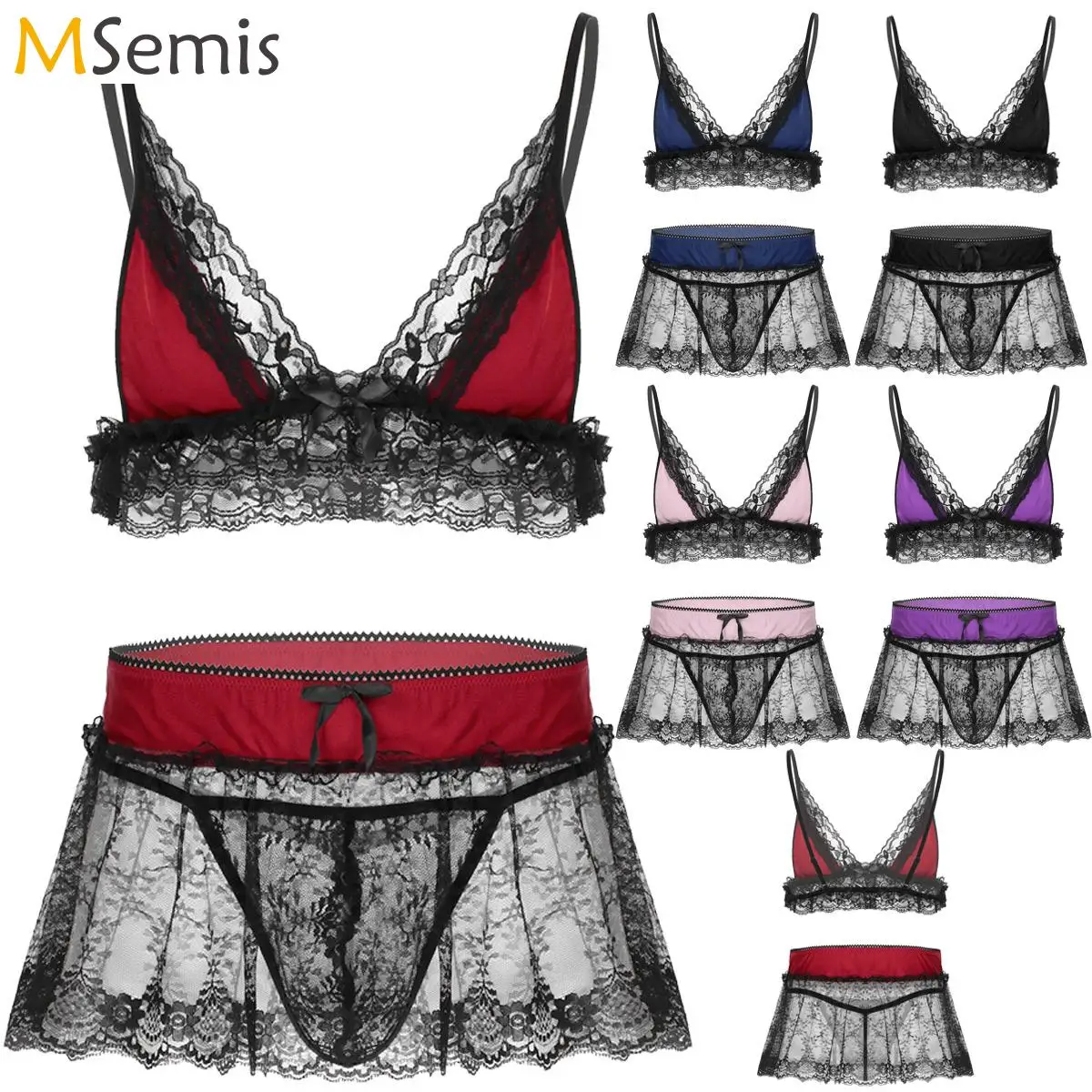 

Комплект эротического нижнего белья для мужчин, сетчатый кружевной бюстгальтер на бретелях-спагетти, прозрачная мини-юбка, стринги, Трусы-стринги, ажурное нижнее белье
