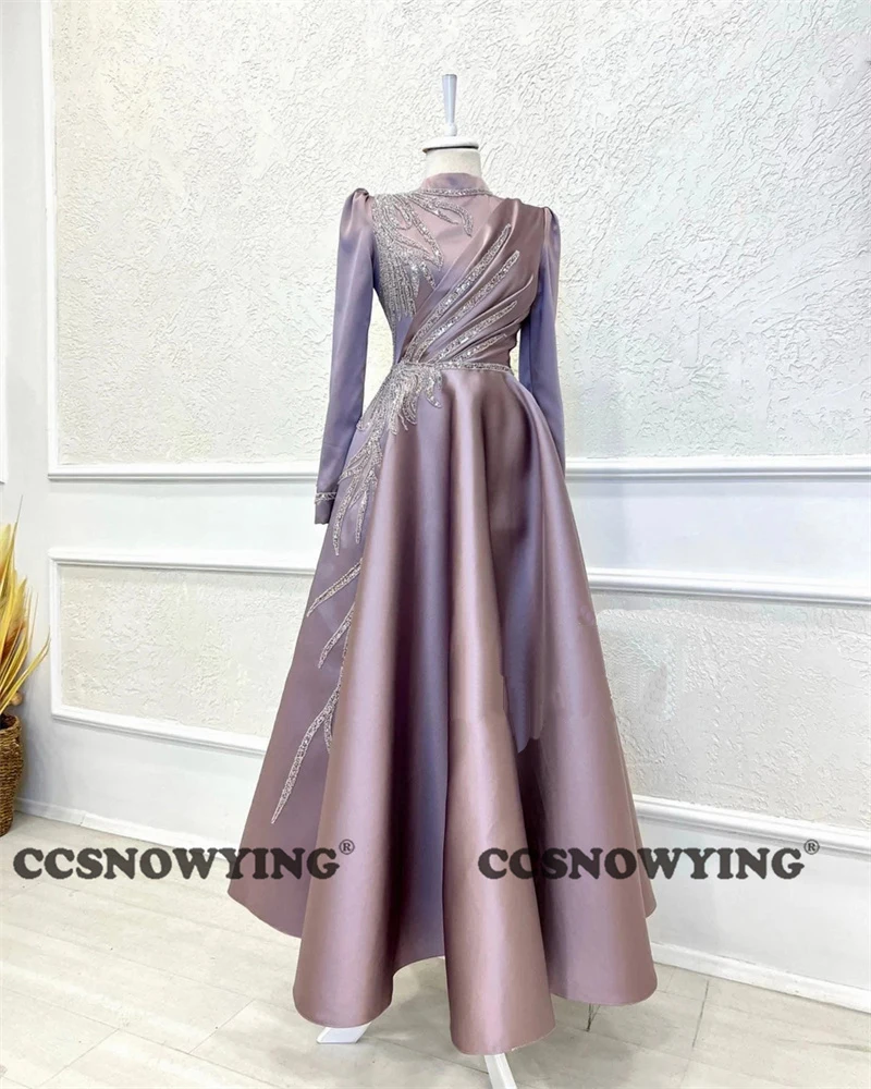 

Elegant A Line Appliques Satin High Neck Long Sleeve Prom Dress Formal Occasion Dresses Arabic Dubai Kaftan