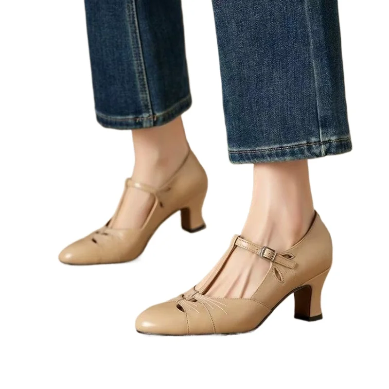 Elegant Women's Sandals Summer Shoes 2025 Genuine Leather Ankle Straps Red Nude Low Heels Flip Flops Female Party Shoe Close Toe 6