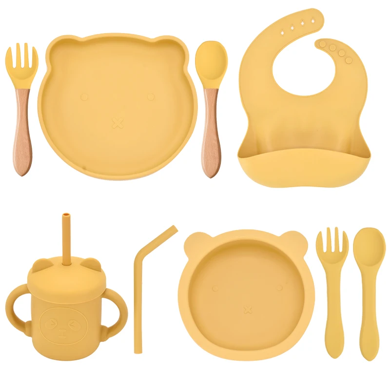 5/7/9 PCS Baby Feeding Tableware Set Baby Soft Silicone Bib Bib Sucker Bowl Plate Cup Spoon Fork Sets Non-slip Children's Dishes 2