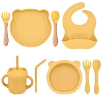 5/7/9 PCS Baby Feeding Tableware Set Baby Soft Silicone Bib Bib Sucker Bowl Plate Cup Spoon Fork Sets Non-slip Children's Dishes 2