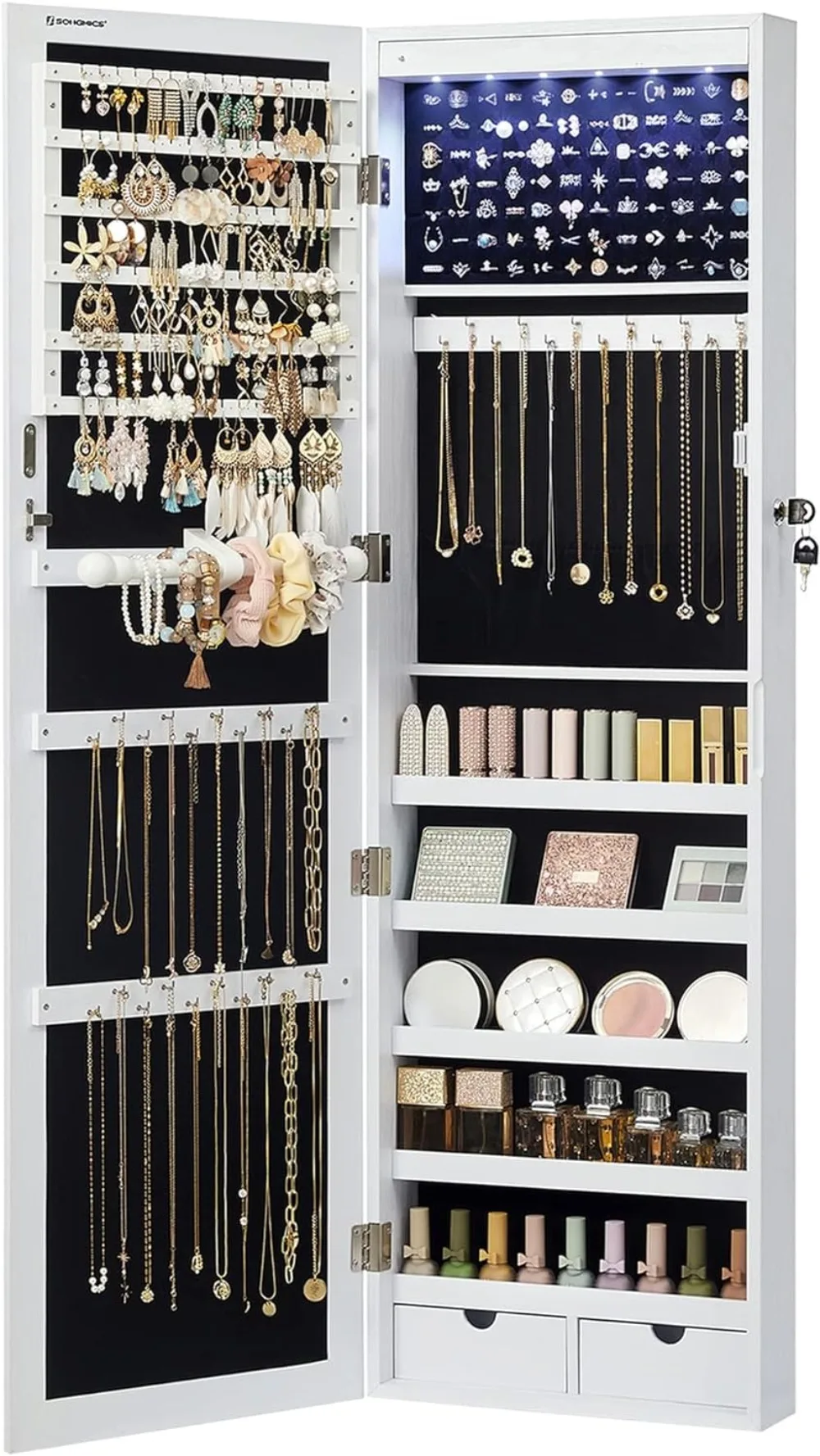 

SONGMICS 6 LEDs Mirror Jewelry Cabinet, 47.2-Inch Tall Lockable Wall or Door Mounted Jewelry Armoire Organizer with Mirror
