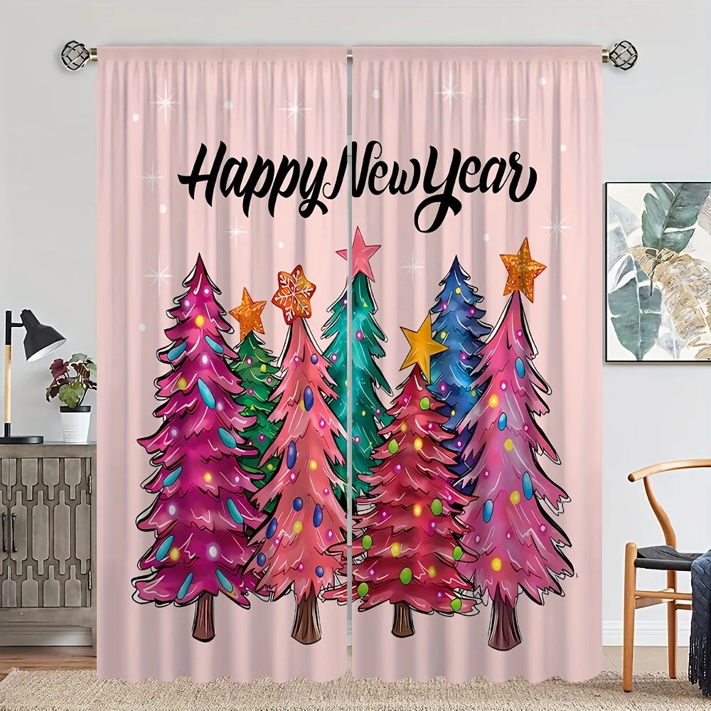 ผ้าม่านพิมพ์ลายดิจิตอลความละเอียดสูงสองชิ้น ผ้าม่านแบบมีราวสำหรับห้องนั่งเล่นและห้องนอน ต้นคริสต์มาสชวนหลอนตา สวัสดีปีใหม่ 1