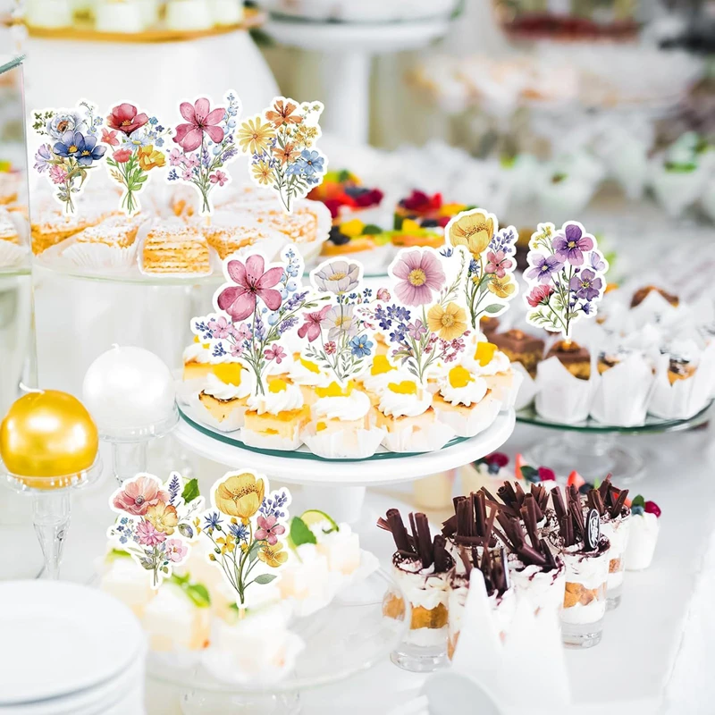 18Pcs Wildflower Cupcake Toppers Boho Floral Cake Toppers for Kids Girls Birthday Party Decoration Supplies Baby Shower Favors