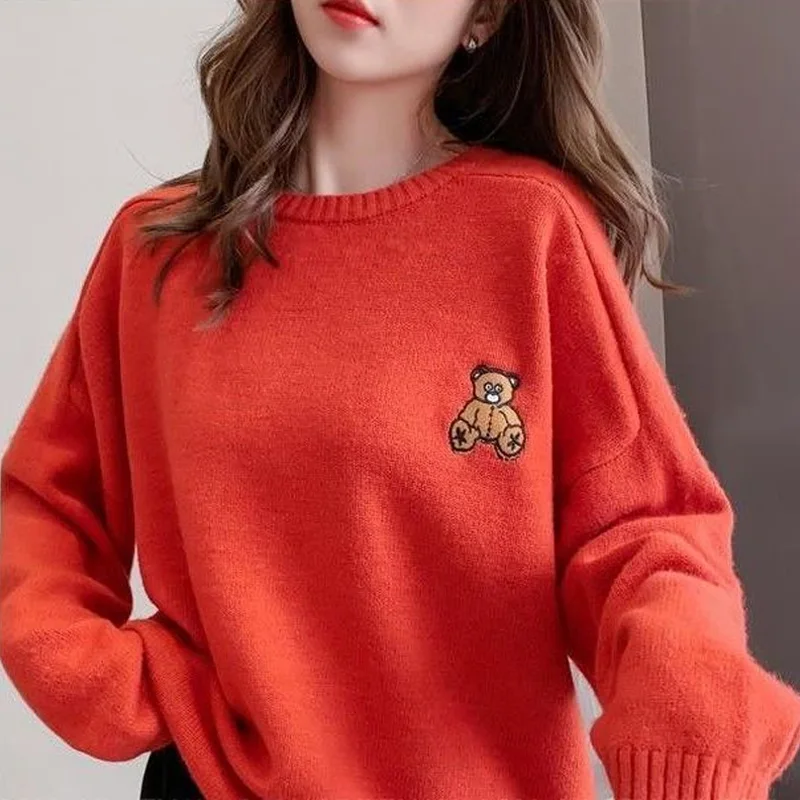 Autumn Winter Fashion Solid Color Bear Sweaters New Long Sleeve All-match O-collar Casual Loose Bottoming Knitting Shirt 2022 3