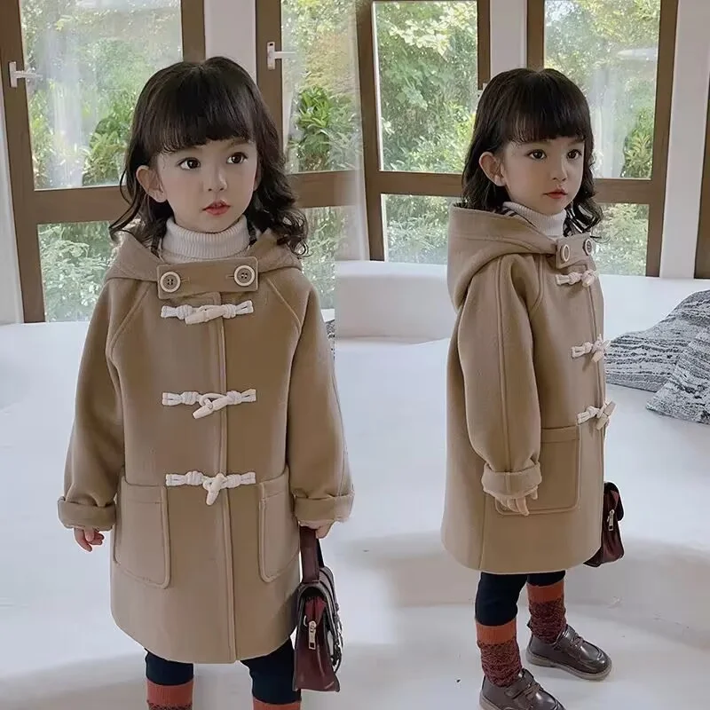 

Girls Woolen Coat Overcoat Jacket Windbreak 2024 Khaki Warm Plus Thicken Autumn Winter Cotton School Children's Clothing