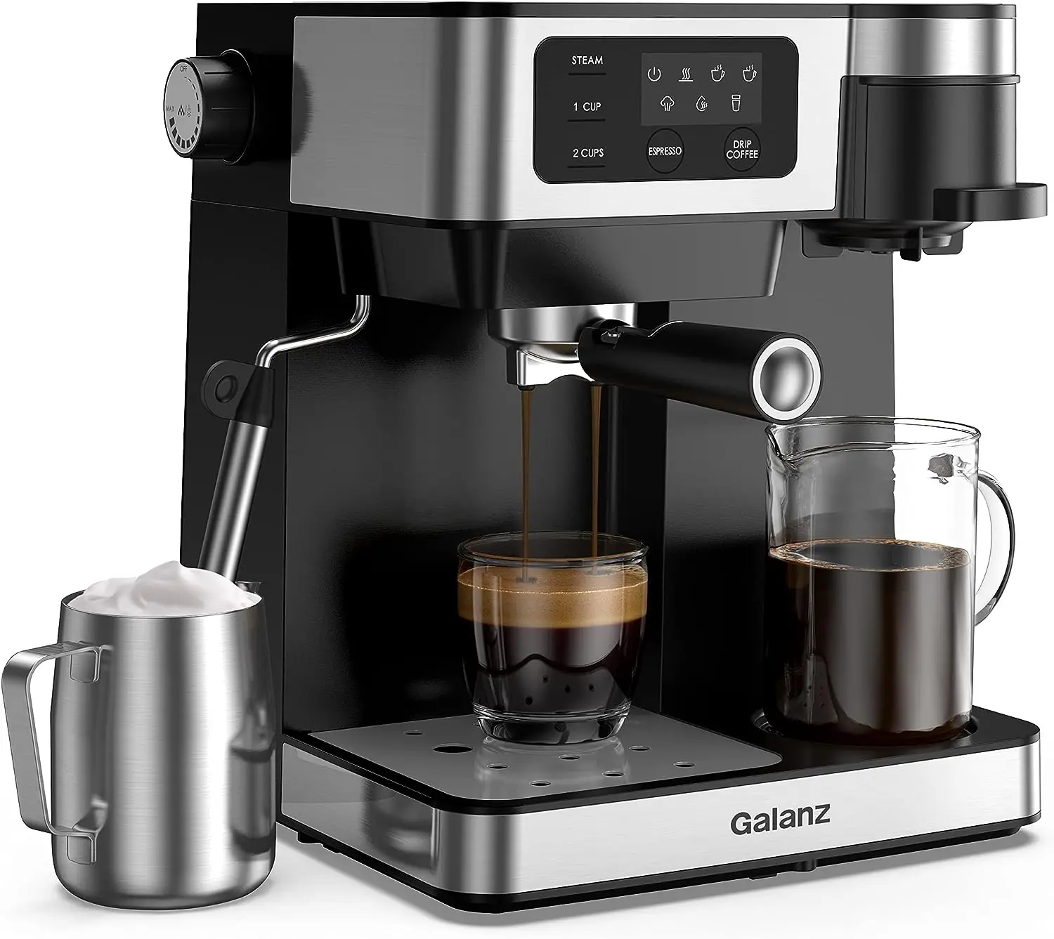

2-in-1 Pump Espresso Machine & Single Serve Coffee Maker with Milk Frother, Latte, & Cappuccino Machine, 1.2L Removable
