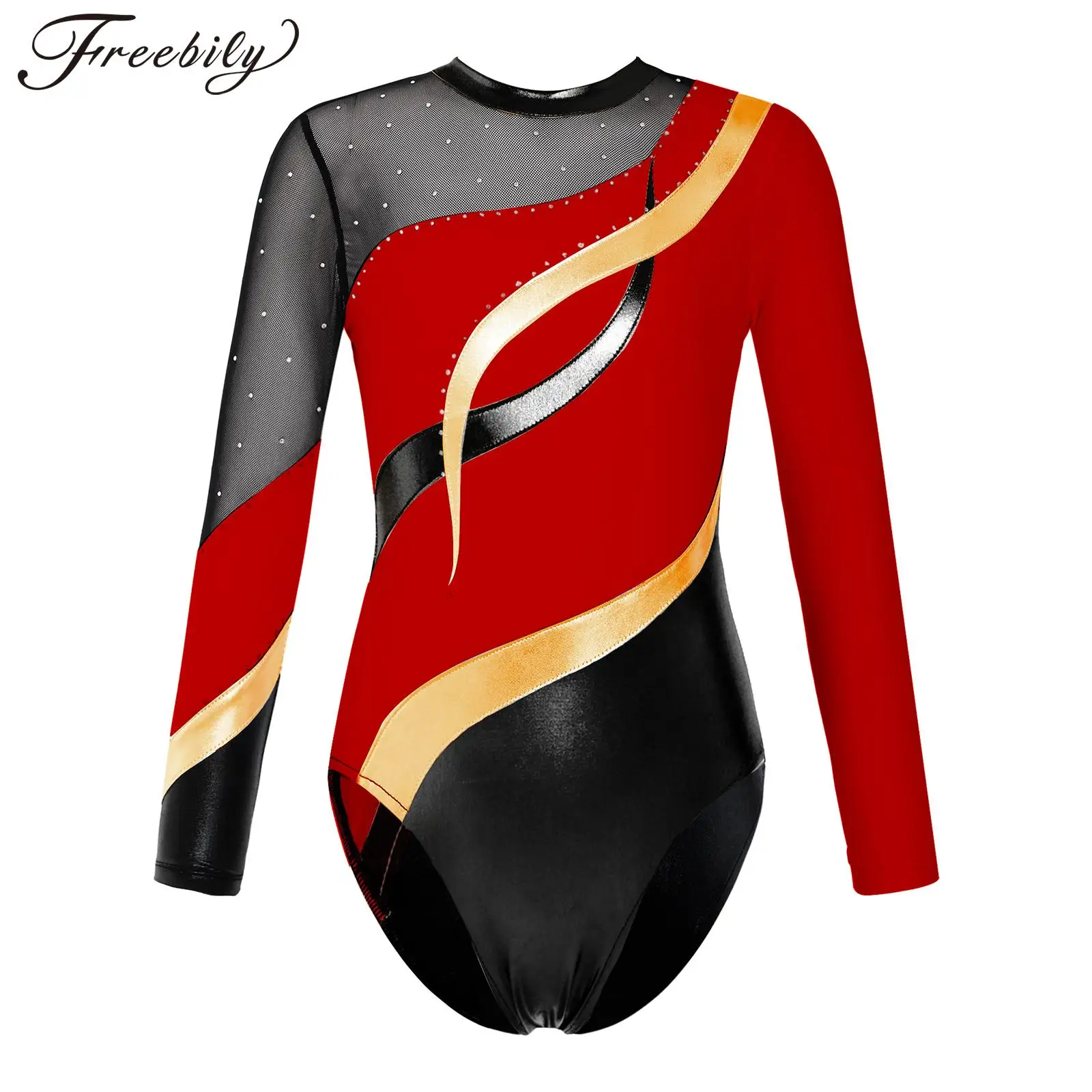 

Kids Girls Ballet Dance Leotard Figure Skating Gymnastic Yoga Dancewear Long Sleeve Bronzing Cloth Shiny Rhinestone Bodysuit