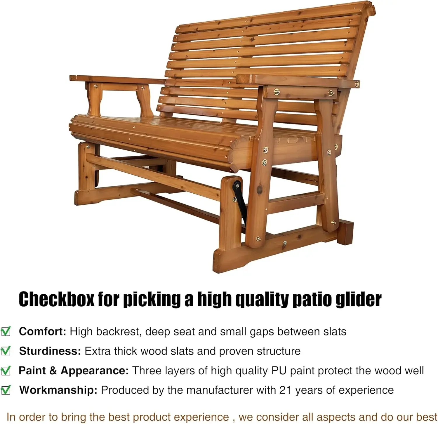 NEW-Fortune Candy Wooden Patio Glider with High Roll Back and Deep Contoured Seat, Solid Fir Wood, 2-Seater, Heavy Duty 800 LBS