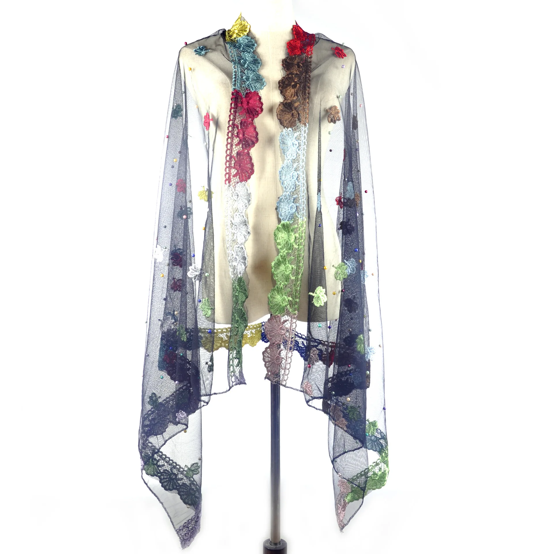 Mesh Embroidery Pearl Long Scarf Shawl Maple Leaf Women Head Covering Lace Veil