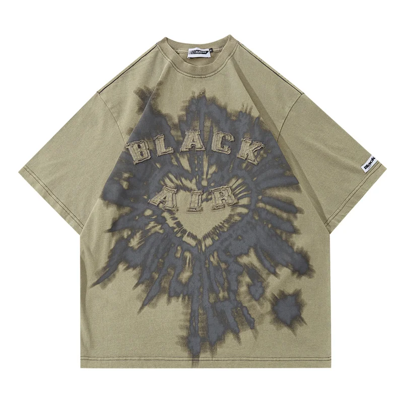 

Summer Men Short Sleeve Washed Tshirts Hip Hop Bursting hearts Graphic Print TShirts Punk Gothic Streetwear Harajuku Casual Tops