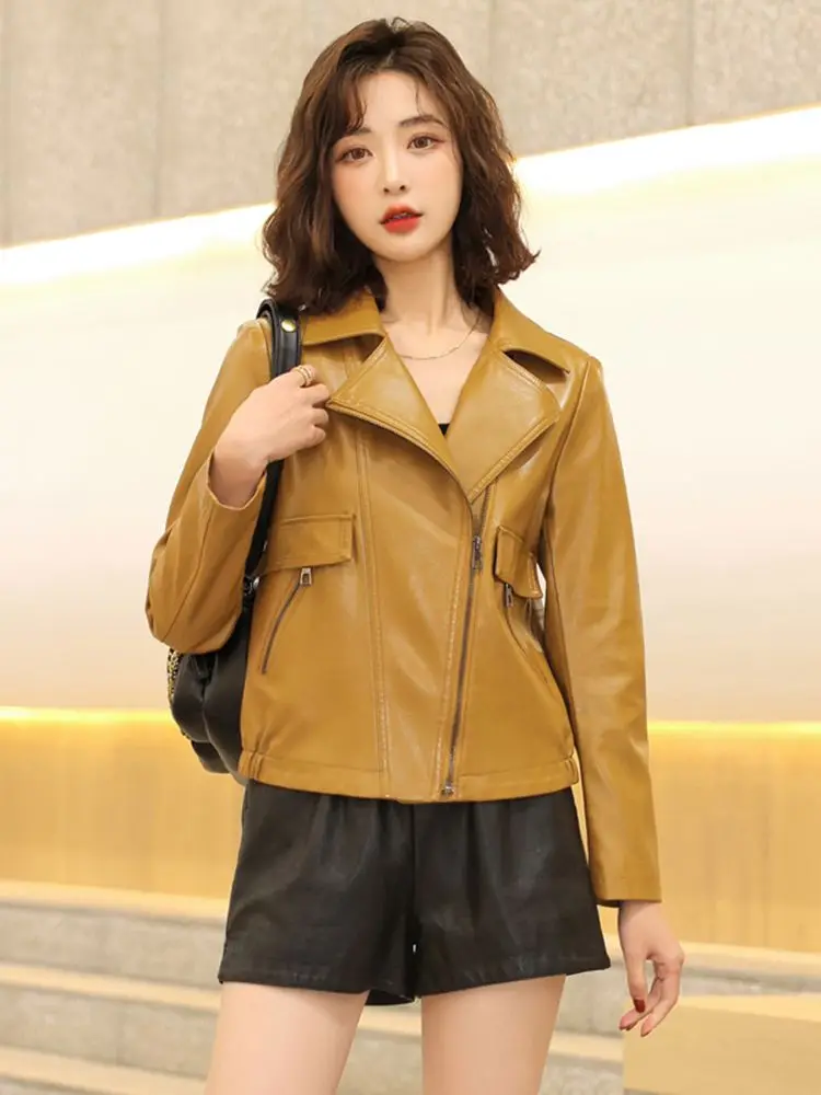 New Women Casual Leather Jacket Spring Autumn Fashion Suit Collar Sheepskin Short Coat Split Leather Loose Small Outerwear
