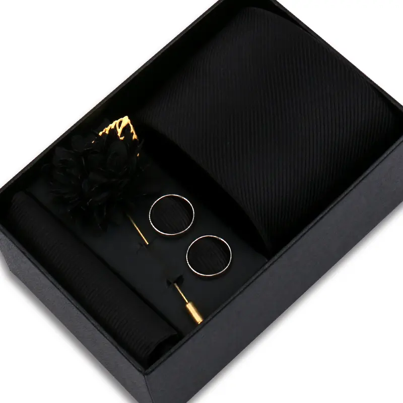 Top Quality Solid color Ties Hanky Cufflinks Brooch Set Elegant Jacquard Necktie For Men Business Wedding In Gift Box Gravatas - Image 3