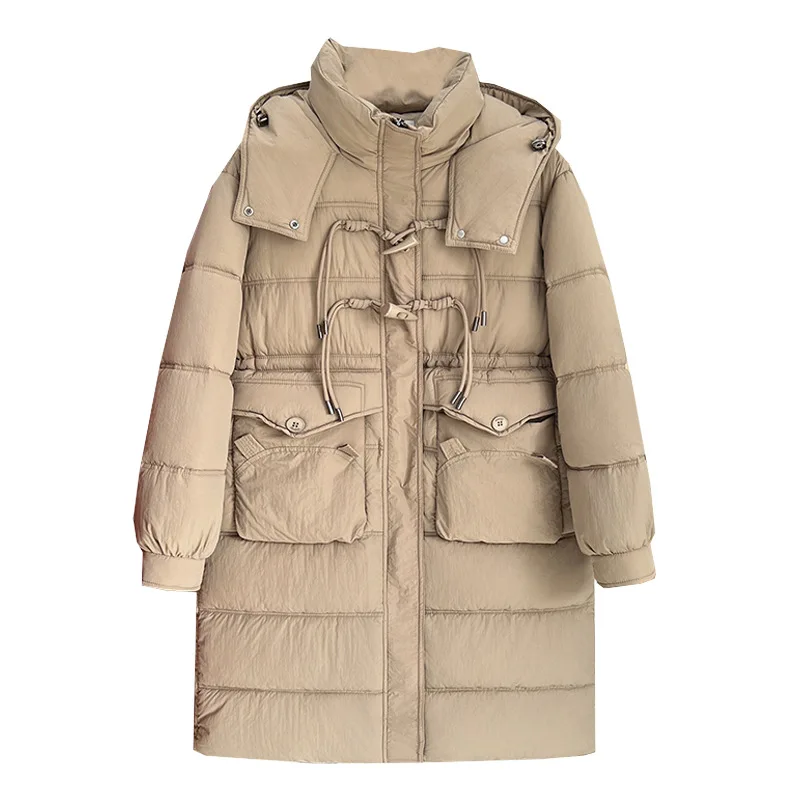 

100kg Fashion Long Horn Buckle Hooded Cotton-Padded Parka Plus Size Women's Winter Thicken Warm Zipper Coat