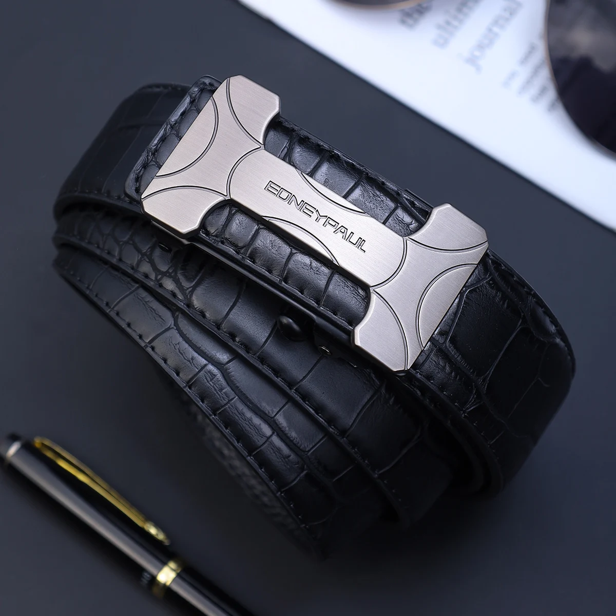 Men's Premium PU Leather Belt with Automatic Sliding Buckle - Business Style