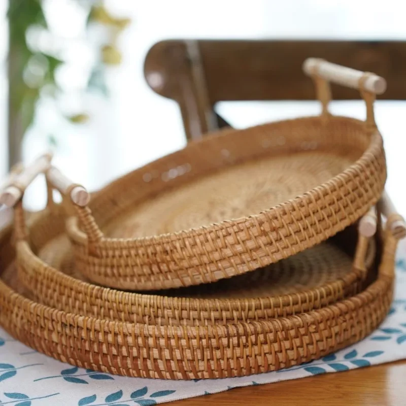 Rattan round dinner tray natural rattan handle handmade woven basket home decoration storage tray suitable for coffee table brea 3