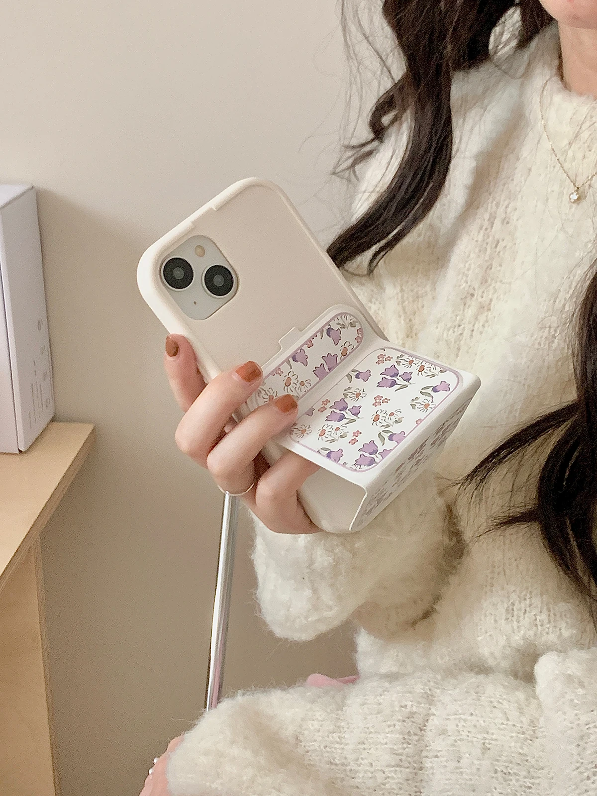 Niedliche Blume kreative klappbare Leder halter Rückseite für iPhone 13 14 15 Pro Max Schiebe ständer Objektivs chutz Handy hüllen neu – Detail 4