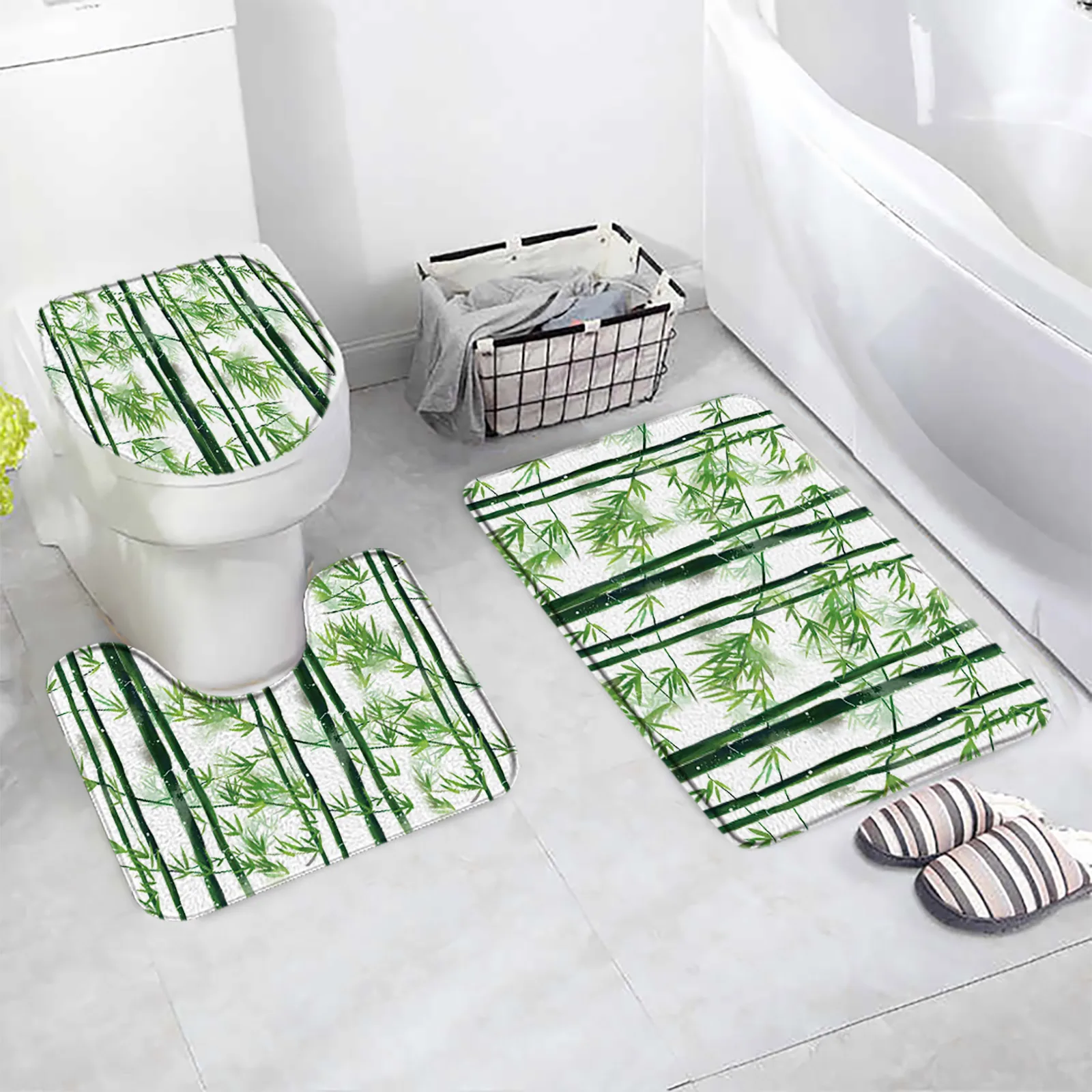 Green-Bamboo-Bath-Mat-Set-Natural-Plants-Modern-Flannel-Carpet-Home ...