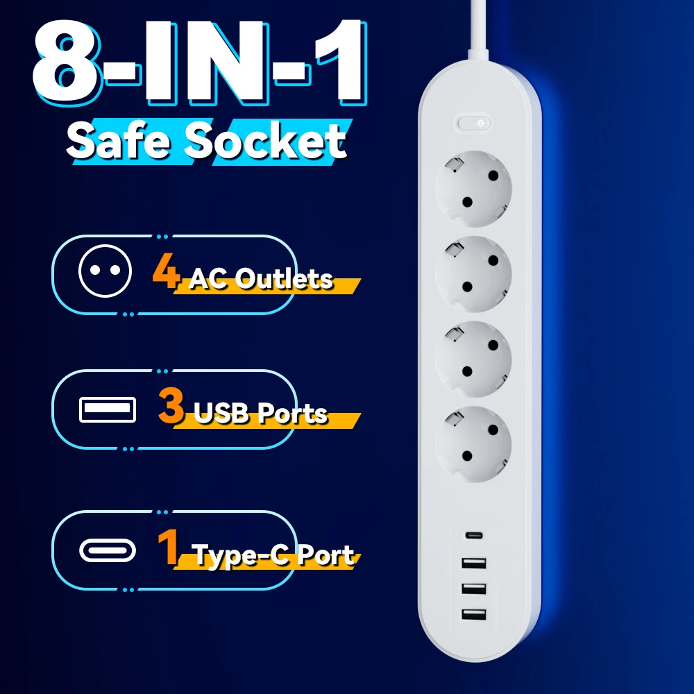 1 High-End 8-in-1 Power Strip with Overload Protection, One Master Switch, 4 Ac Outlet S52a30c9bc581460bafc63fff5a95ba6co