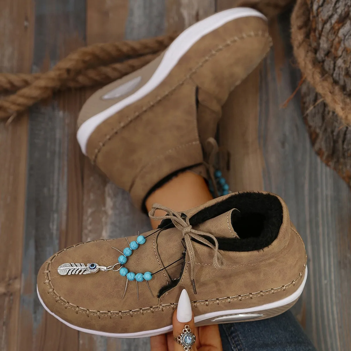 Aphixta Plush Lining Warm Winter Shoes Woman Lace Up Height Increasing Chunky Sole Ankle Boots Ethnic Big Size 43