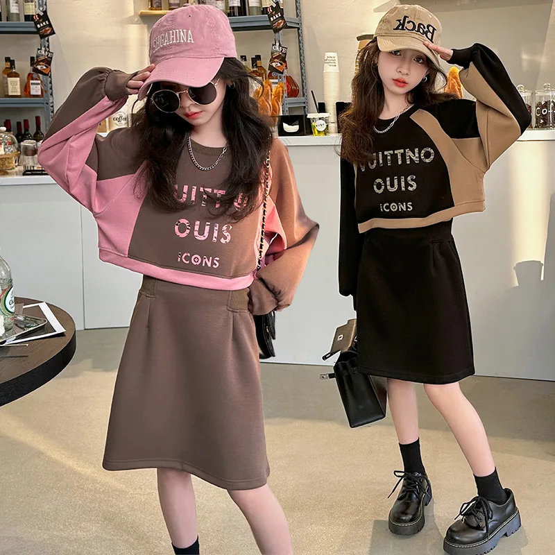

Korean Spring Autumn Children Girl 2PCS Clothes Set Teenager Girl Letter Printed Contrast Sweatshirt+Straight Skirt Set For Girl