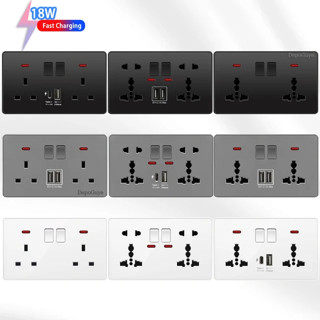 18W Type-C Plug Quick Charging Universal 5-pin Dual Power Socket,UK Standard 13A Wall Socket with DC 5V 3.1A Type-c USB Charger