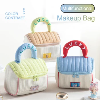 Nuova Borsa da Trucco da Donna Carina a Blocchi di Colore, Organizer Cosmetico da Viaggio di Grande Capacità, Beauty Case Portatile per Articoli Domestici