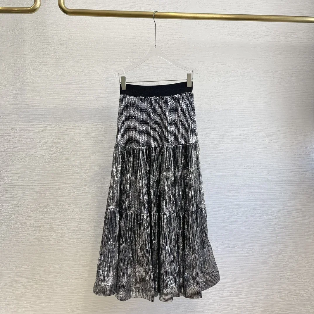 

2024 New Spring Summer Black Silver High Waist Sequined Shining Midi Skirt for Women