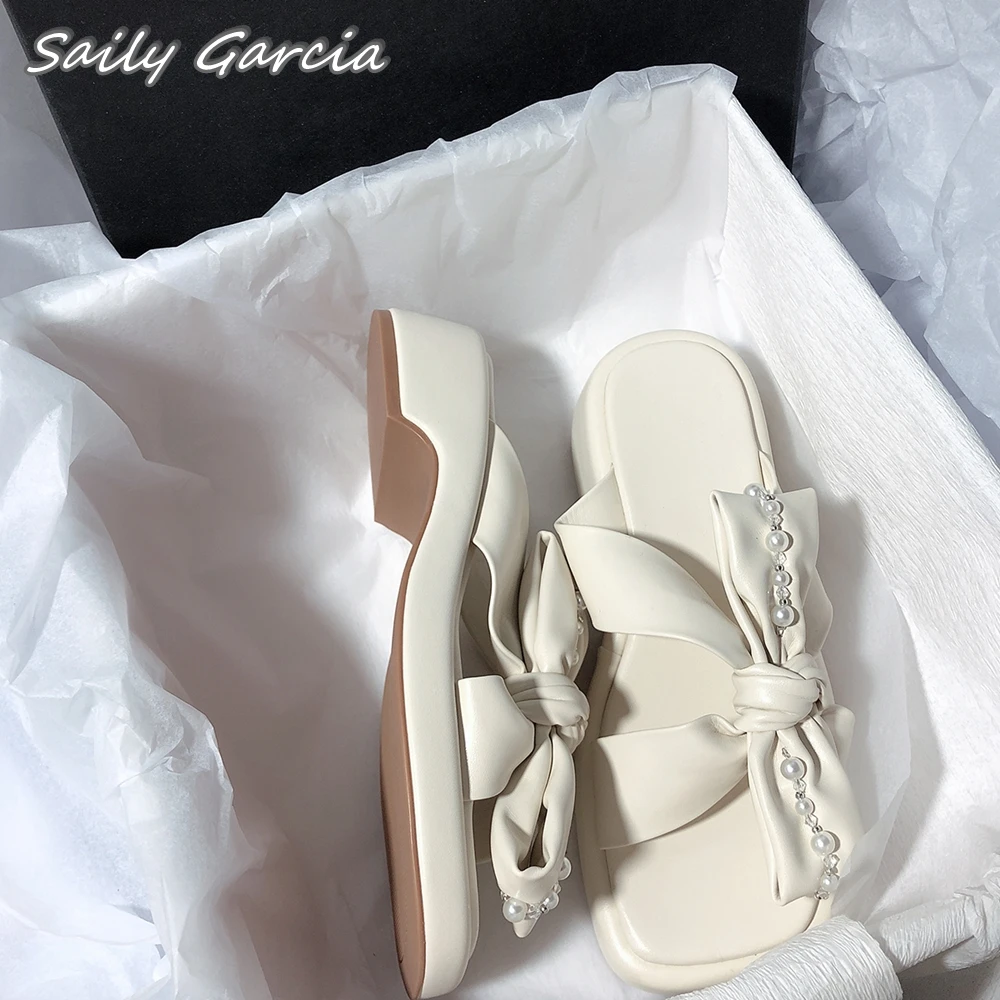 Open Toe With Pearl Butterfly Knot All-Match Slippers 2024 Summer Soft Bottom Outdoor Sandals Sweet Grace Hollow Casual Shoes