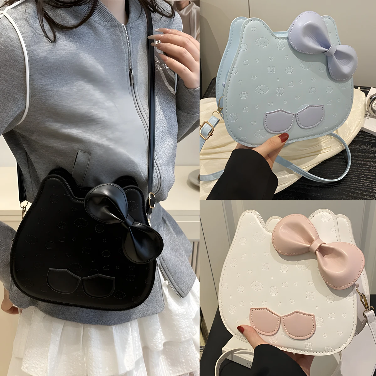 محفظة الفتاة لطيف الكرتون Bowknot القط حقيبة كروسبودي الفتيات الصغيرات حقيبة كتف جلدية صغيرة حمل حقيبة يد