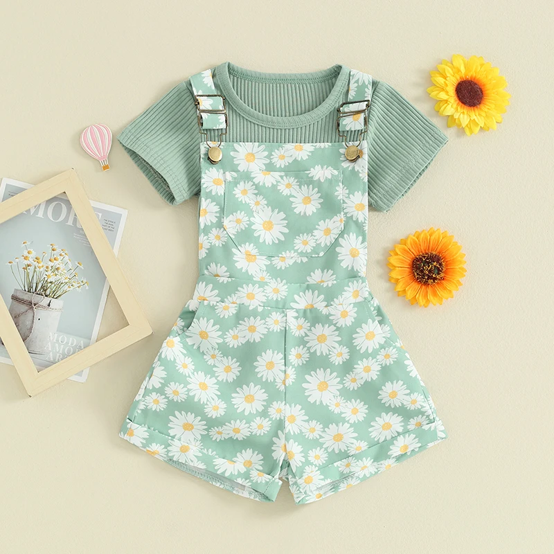 FOCUSNORM 3 Colors Toddler Kids Girls Clothes Sets 1-5Y Outfit Solid Ribbed Short Sleeve T-Shirt with Daisy Print Overall Shorts