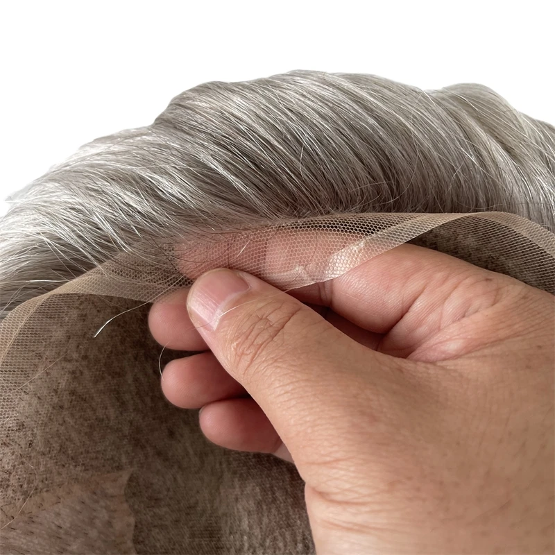 Mongolian Virgin Human Hair Hairpiece #580 Grey Front Lace Unit 8x10 Q6 Toupee for White Men