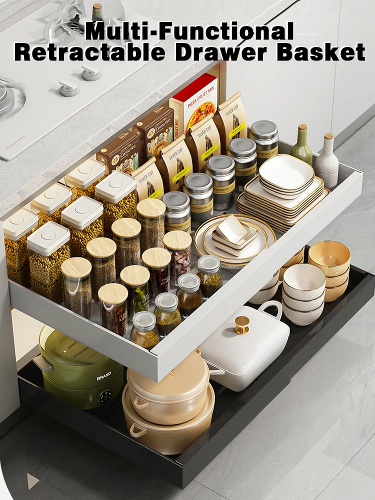 Spice Box Storage Rack Scalable Pull-out Kitchen Storage Rack Multi-Functional Retractable Drawer Basket Cabinets Organizer 6