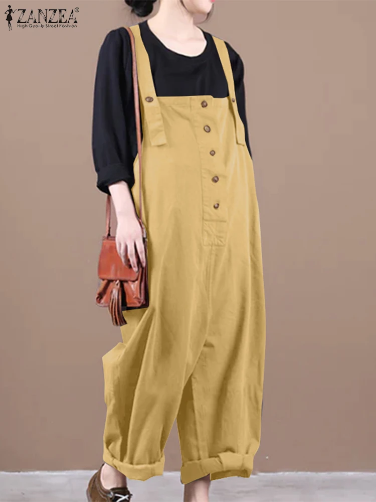 

ZANZEA Casual Loose Pocket Overall Women Sleeveless Jumpsuit Fashion Solid Harem Camisole Pant 2024 Summer Holiday Button Romper