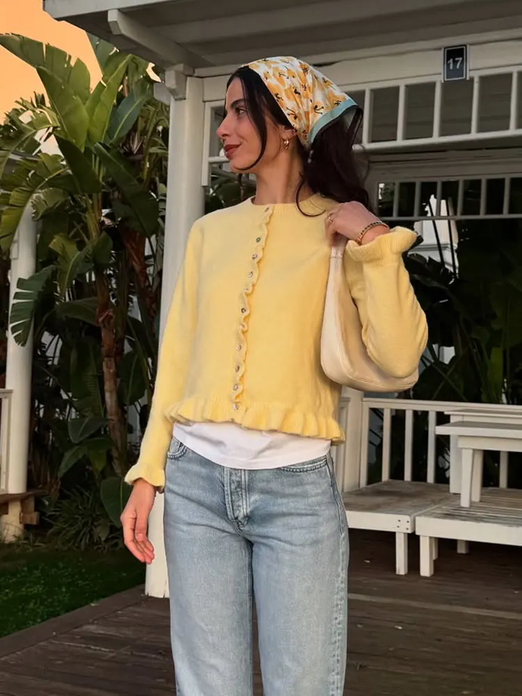 HH Women Casual Yellow Knitted Cardigan Single Breasted O Neck Butterfly Sleeve Sweater Autumn Female Solid Outwear Tops