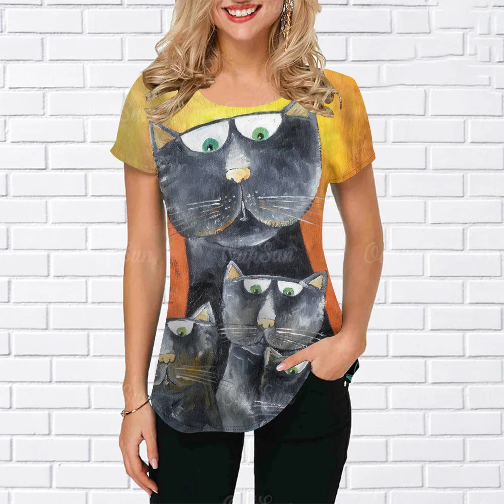 

Funny Cat Print T Shirt for Women O Neck Short Sleeve Tee Loose Casual Women's Clothing Streetwear New Female T-Shirt Pullover