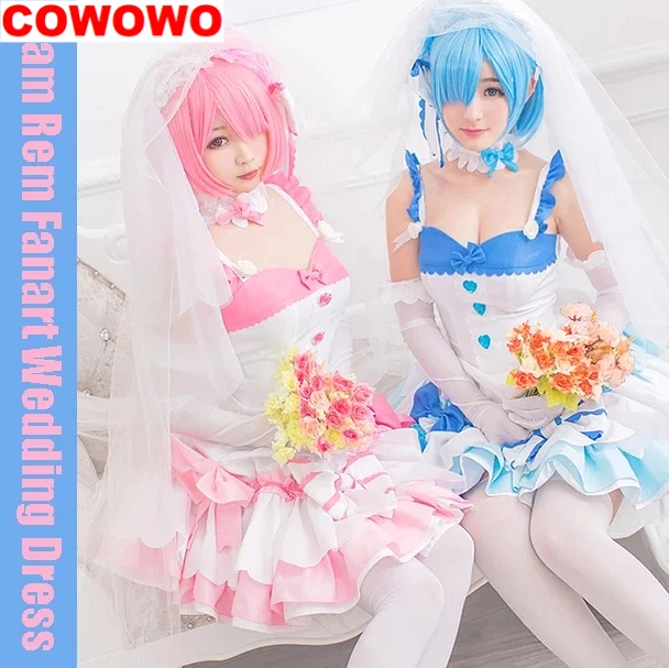 

COWOWO [STOCK]+Veil Anime Re:Life in a different world from zero Rem Ram Fanart Wedding Dress Cosplay Costume Halloween Suit For