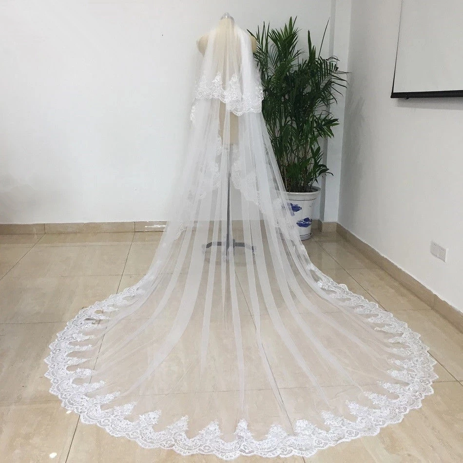 New White Ivory Cathedral Wedding Veils Long Lace Edge Bridal Veil with Comb Wedding Accessories Veu de Noiva Bride Veu