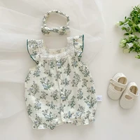 MILANCEL New Summer Baby Girls Rompers One-Pieced Toddler Sweet Green Floral Jumpsuit with Hairband Infant Outwear Outfits 1