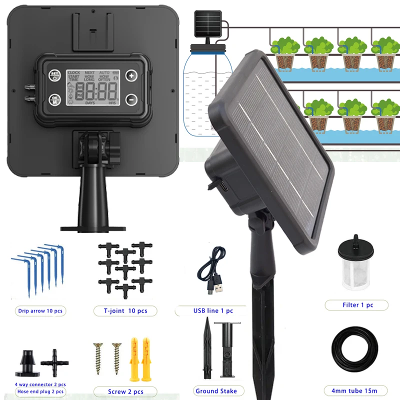 Solar Intelligent Irrigation Kit 6V 2W Potted Plants Watering System with Built-in 1800mAh Battery DIY Timed Auto Drip Irrigatio