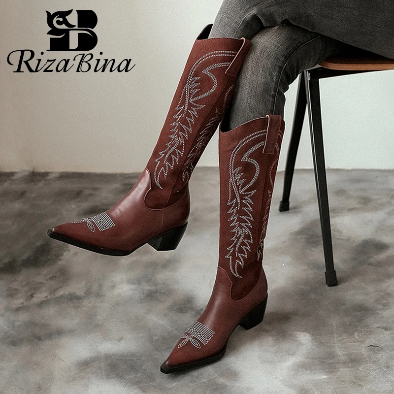 

RIZABINA New Women Knee Boots 2023 Genuine Leather Winter Woman Shoes Fashion Western Long Boots Club Footwear Size 34-39
