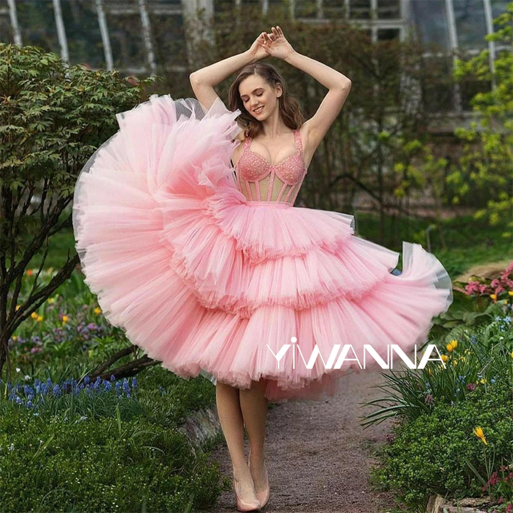 

Charming Pink Short Prom Dresses Off The Shoulder See Through Tutu Skirt Layers Cocktail Party Dress Lace Up Back Evening Gowns