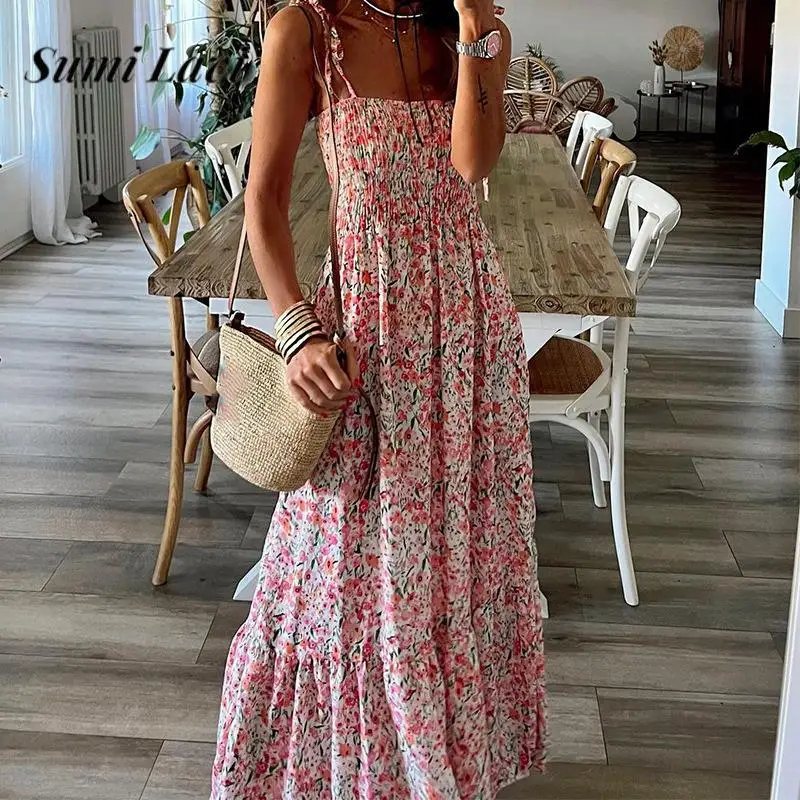 

Women Sexy Off Shoulder Sleeveless Sling Dress Elegant Flower Print Pleated Loose Party Dress Fashion Elastic Waist Long Dresses