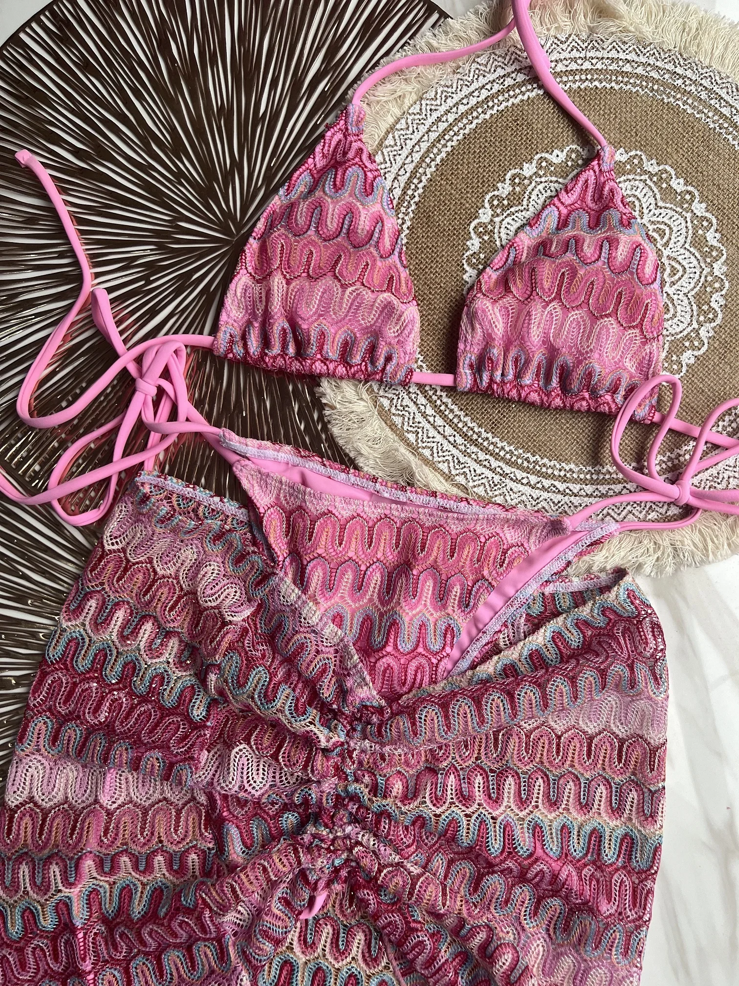 Zigzag Bikini Three Piece Swimwear with Skirt Knitting Bikini Set Bikini Swimsuit Women Swimwear