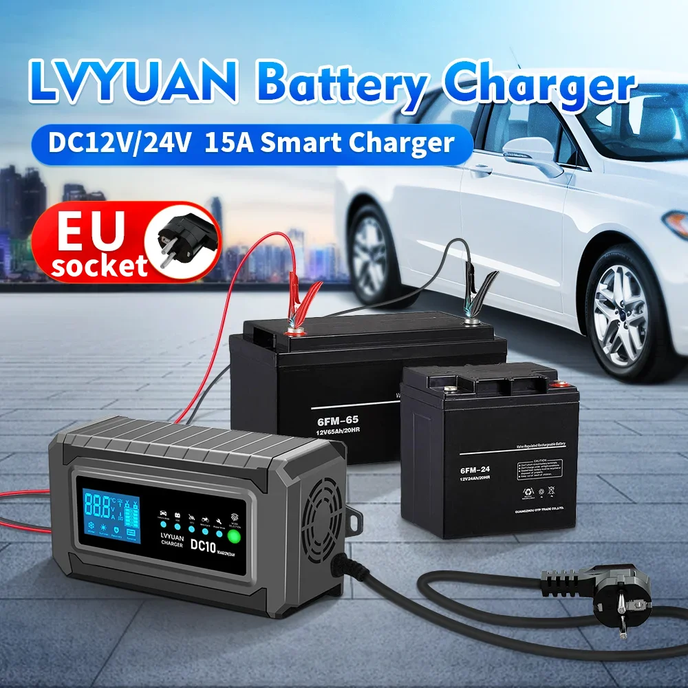 15A LED Battery Charger DC12v/24V AC 220V Charging Device EUplug for Lead Acid Gel AGM Battery Battery Pulse Repair Smart Charger