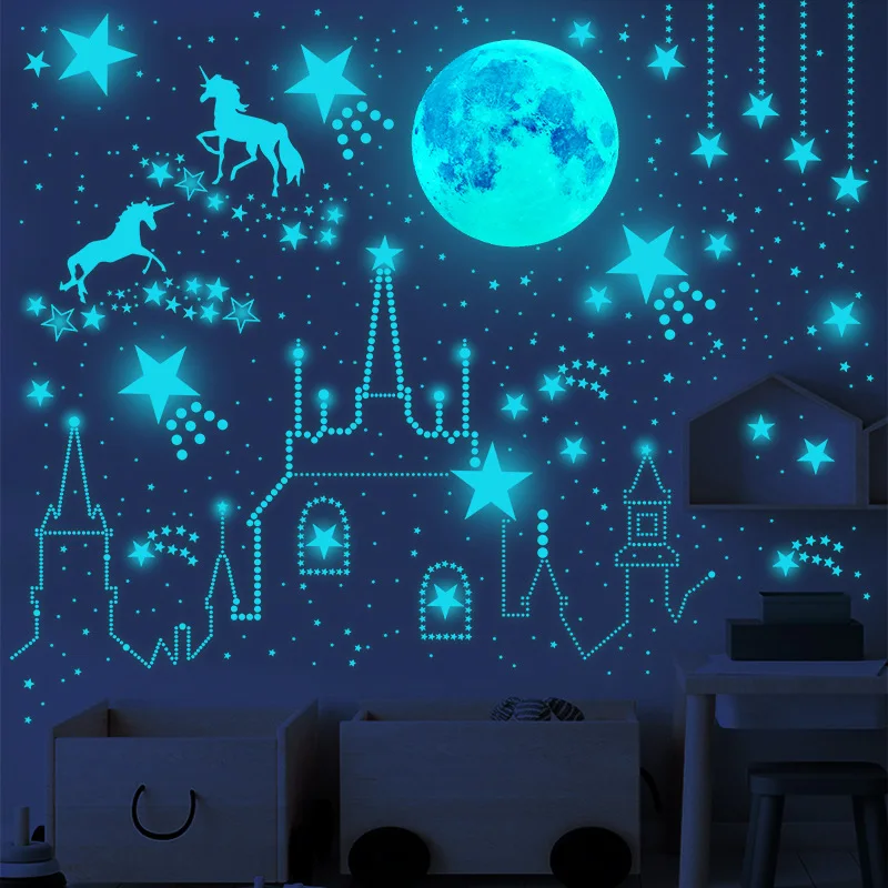 

893Pcs Glow in the Dark Moon Unicorn Star Polka Dot Stickers for Children's Room Bedroom Fluorescent Wall Stickers