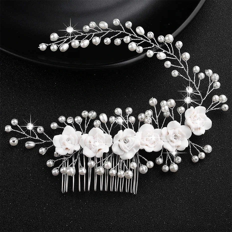 Bridal Hair Comb Pearl Tiaras Crystal Flower Hairpin Clip Girl Party Wedding Hair Accessories Marriage Head Jewelry